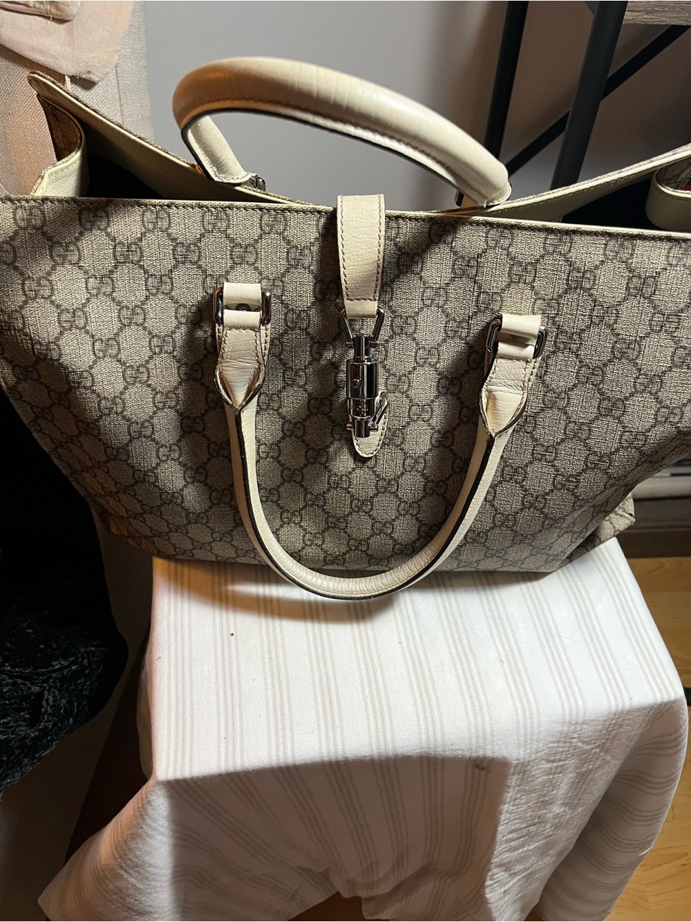 Gucci Beige GG Monogram Tote with Cream Trim